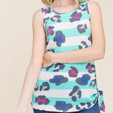Mint Sleeveless Animal Print Tunic Top with Side Tie-Tank Top-Bizbriz