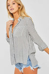 Striped Roll Up Sleeve Button Down Blouse Shirts-Blouse-Bizbriz