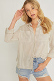 Striped Roll Up Sleeve Button Down Blouse Shirts-Blouse-Bizbriz