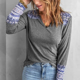 Sienna Gray V-Neck Button Top with Aztec Detail-Shirts & Tops-Bizbriz