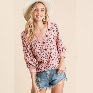 Brynlee Blush Dalmatian Print Top with Puff Sleeves-Top-Bizbriz