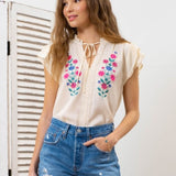 Ava Split Neck Embroidered Top-Blouse-Bizbriz